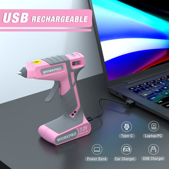 WORKPRO hot glue gun — cordless and rechargeable with mini glue sticks