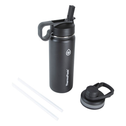 ThermoFlask thermos — double wall vacuum insulated stainless steel design with spout and straw lids