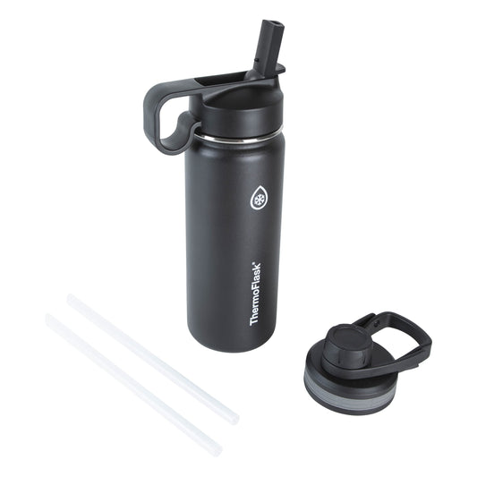 ThermoFlask thermos — double wall vacuum insulated stainless steel design with spout and straw lids