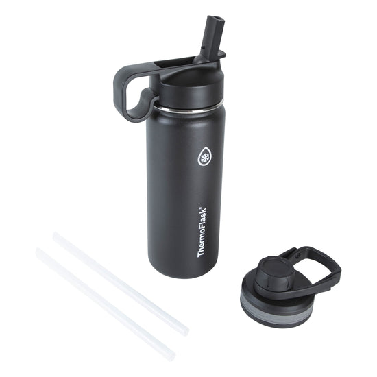 ThermoFlask thermos — double wall vacuum insulated stainless steel design with spout and straw lids
