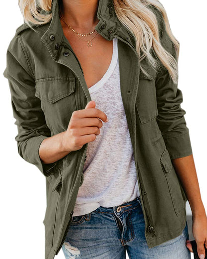 Soulomelody women military anorak coat with pockets and snap buttons