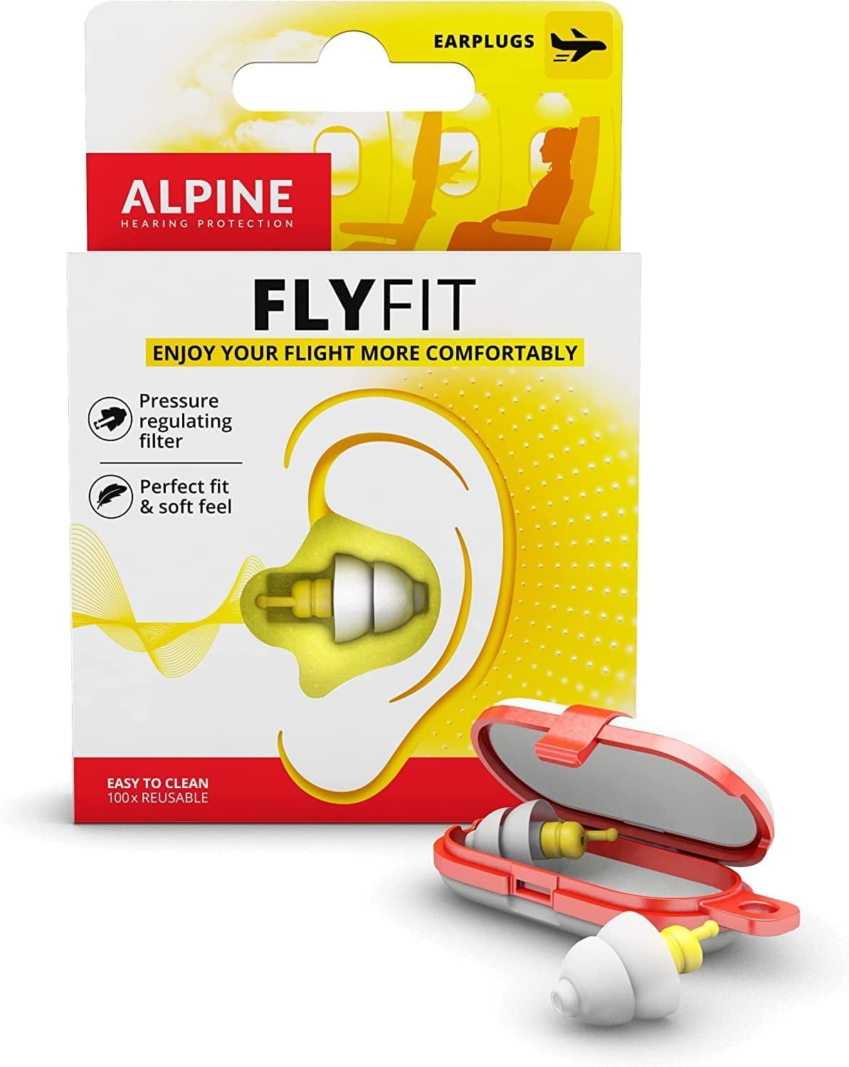 Alpine FlyFit earplugs — Comfortable reusable design for pressure relief while flying