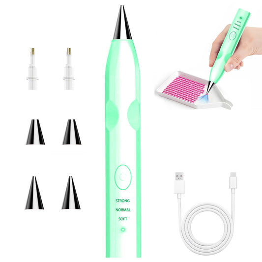 Electric Diamond Painting Pen – No-Wax Vacuum Pickup, Interchangeable Tips, USB-C Rechargeable Cordless Diamond Art Tool with Low-Noise, 2 Suction Levels for Serious Diamond Painting Lovers.(Green)
