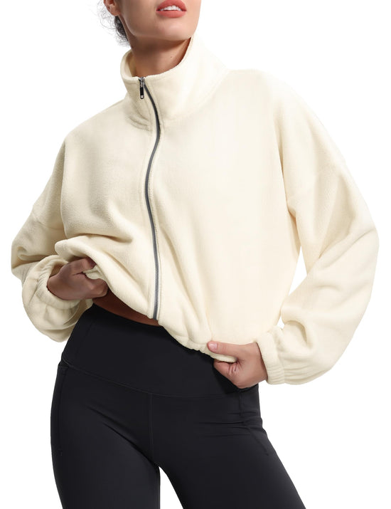 Coat — Fleece cropped jacket with drawstring hem and pockets by The Gym People