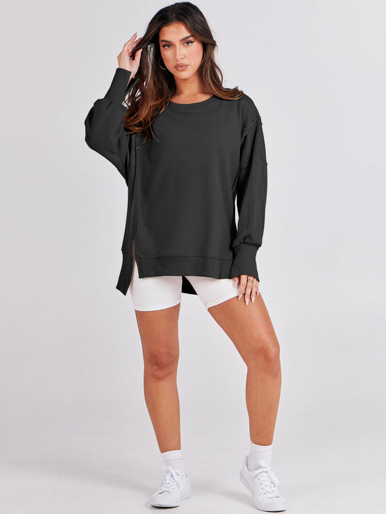 ANRABESS womens sweatshirt - oversized crew neck with side slit detail