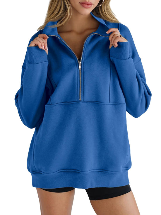 Women's sweatshirt - Oversized fleece half zip with stand collar and pockets