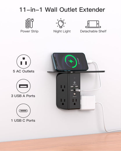Power strip — Wall outlet extender with shelf and night light, USB charging ports