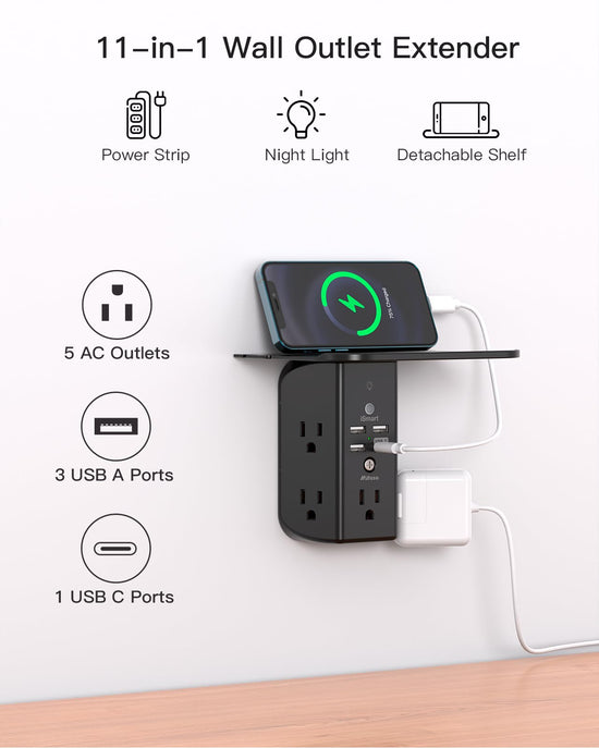 Power strip — Wall outlet extender with shelf and night light, USB charging ports