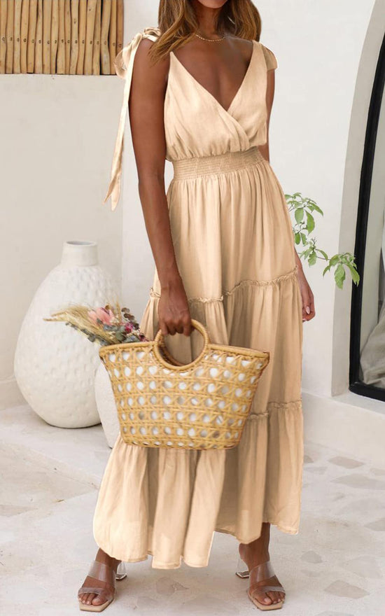 Dress — Cross neck sleeveless maxi dress with tie straps and smocked bodice