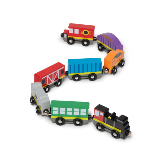 Melissa & Doug wooden train set — 8-piece magnetic train cars with storage tray