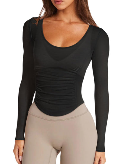 LASLULU shirt — Long sleeve fitted open back workout top for yoga and running.