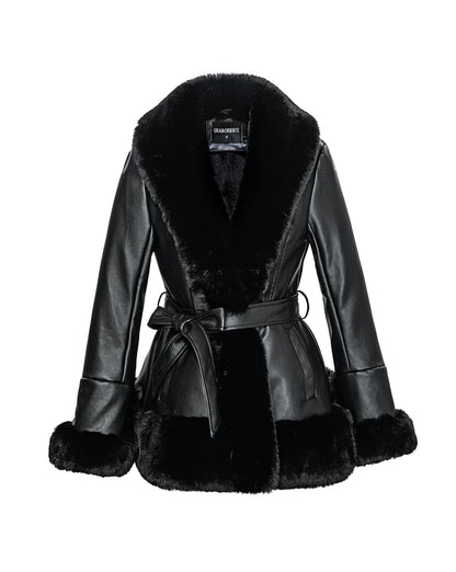 Coat — Faux leather with faux fur collar and peplum design