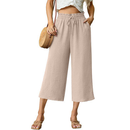 FREEOAK capri pants – high waisted wide leg with adjustable drawstring and pockets