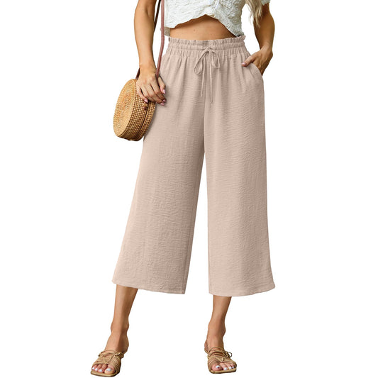 FREEOAK capri pants – high waisted wide leg with adjustable drawstring and pockets