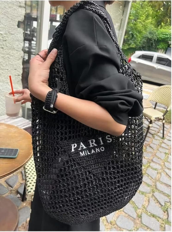 POOOPSSD woven tote bag - foldable large capacity beach shoulder bag for holiday