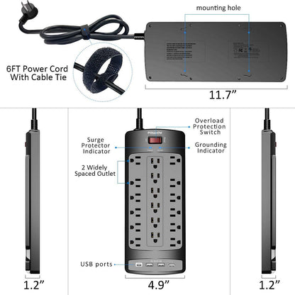 Power strip — 18 outlets and 4 USB ports with flat plug design and heavy duty cord