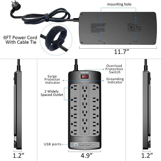 Power strip — 18 outlets and 4 USB ports with flat plug design and heavy duty cord