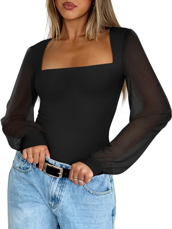 PINKMSTYLE women's square neck mesh bodysuit with long sleeves and slim fit