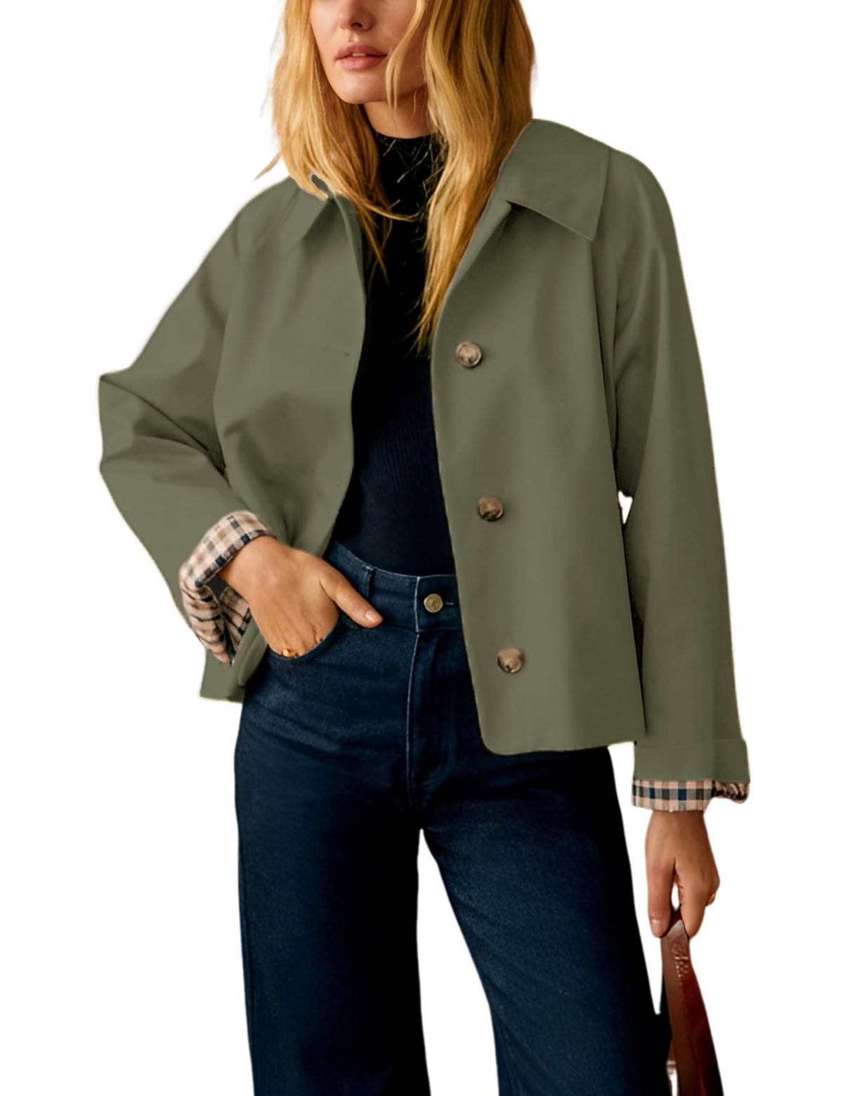 Yeokou women coat with plaid lining and pockets