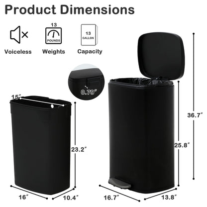 BIQWBIC trash can with lid and foot pedal, stainless steel design, 50 liter capacity