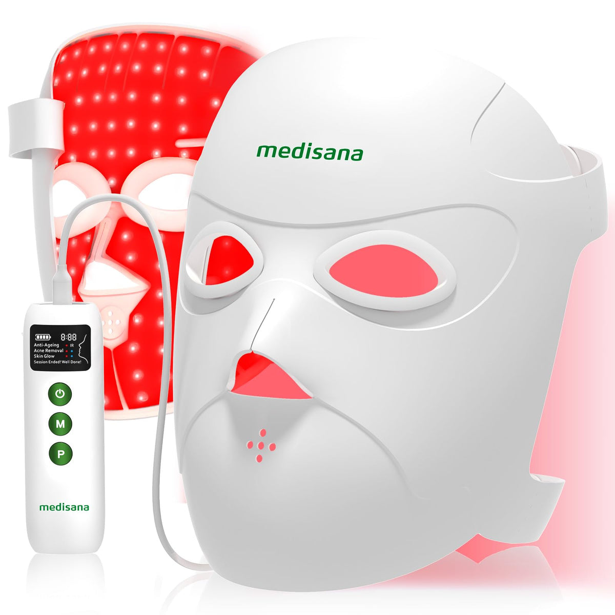 Medisana Red Light Therapy for Face, 3D Facial Fit LED Mask with 415nm Blue 630nm Red 830nm Infrared, 336 Beads, 3 Modes - Cordless & Rechargeable LED Face Mask for Home, Skincare Gifts for Women Mom