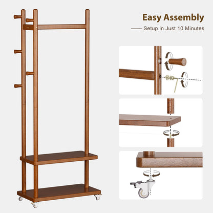 Taitiy freestanding clothes rack with wheels and storage shelves and hooks