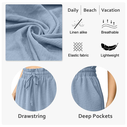 FREEOAK capri pants – high waisted wide leg with adjustable drawstring and pockets