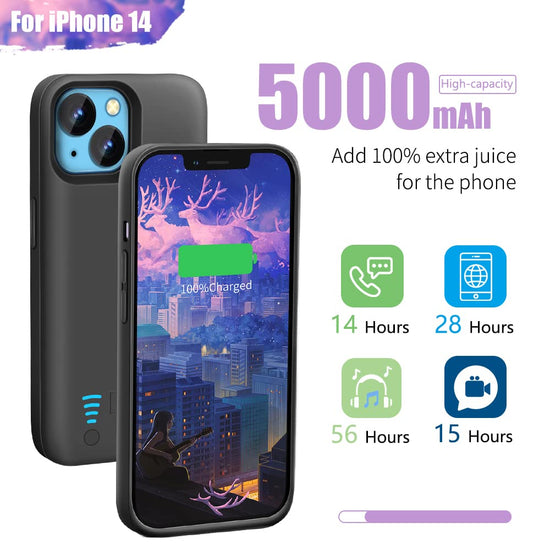 Sitong battery case - 5000mAh rechargeable extended battery for iPhone 14 6.1 inch black