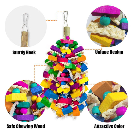 KTCWPAW Large Parrot Chew Toys, Colorful Natural Wood Hanging Shredding Toy, Heavy Duty Beak Grinding Enrichment Toy for Macaw, Cockatoo, African Grey Large Bird Cage Accessories