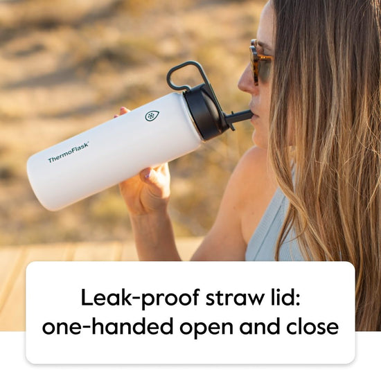 ThermoFlask thermos — double wall vacuum insulated stainless steel design with spout and straw lids