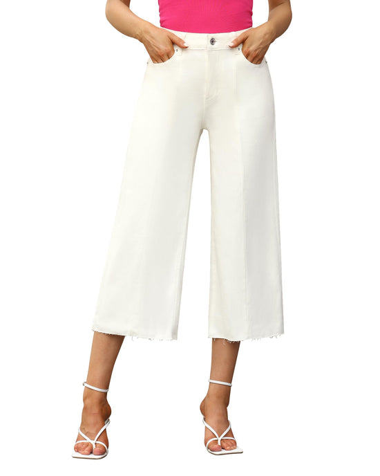 GRAPENT wide leg denim capri pants with raw hem and high waist