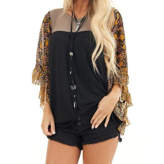 Shirt — Floral printed batwing design with 3/4 sleeves by Casuress