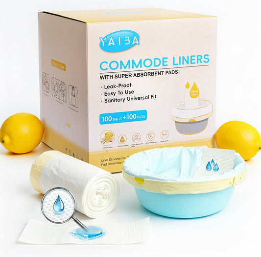Bedside Commode Liners with Absorbent Pads, Lemon Scented Disposable Commode Bags and Commode Pads, Portable Toilet Liners for Camping Toilet Camping RV (100Bags/100Pads)