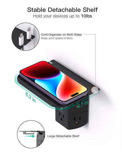 Power strip — Wall outlet extender with shelf and night light, USB charging ports