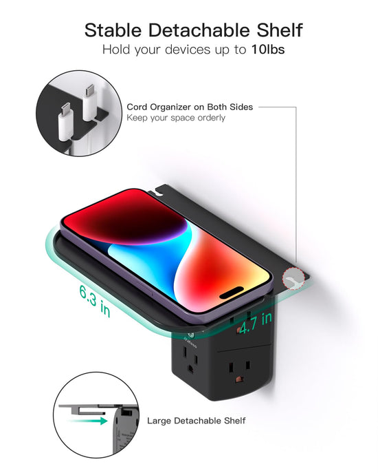 Power strip — Wall outlet extender with shelf and night light, USB charging ports