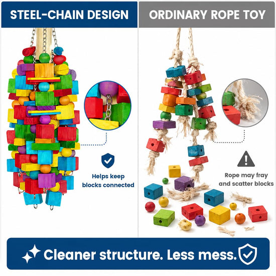 Zephyriel bird toy — natural wood blocks with stainless steel chain for large parrots