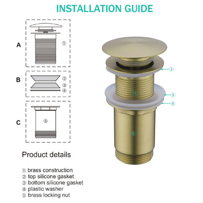 SEABEFORE All Metal Bathroom Sink Drain,Pop-up Drain with Detachable Basket Stopper,Anti-Clogging Drain Strainer,Hair Catcher,for Vanity Vessel Sink Without Overflow,Brushed Gold,SE83997PB-BG