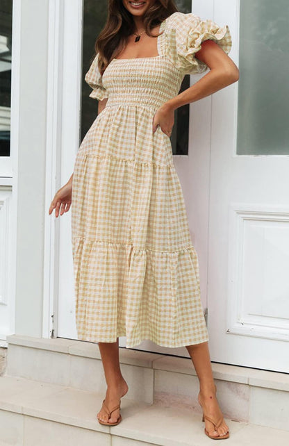ZESICA dress — Boho gingham puff sleeve midi dress