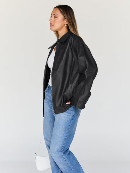Coat — oversized leather moto bomber jacket by Trendy Queen for spring and fall
