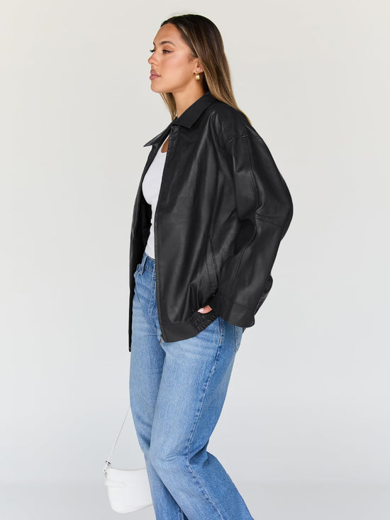 Coat — oversized leather moto bomber jacket by Trendy Queen for spring and fall