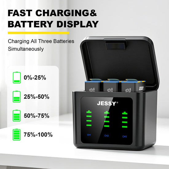 JESSY 2000mAh Battery Charger Kits for GoPro Hero 12 11 10 9 Black, 3 Pack Replacement Batteries and 3-Channel Type-C Battery Charge Case for Go Pro 12 11 10 9 Original Batteries Accessories