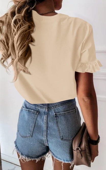 PRETTYGARDEN shirt — short sleeve ruffle round neck loose fit tee blouse tops