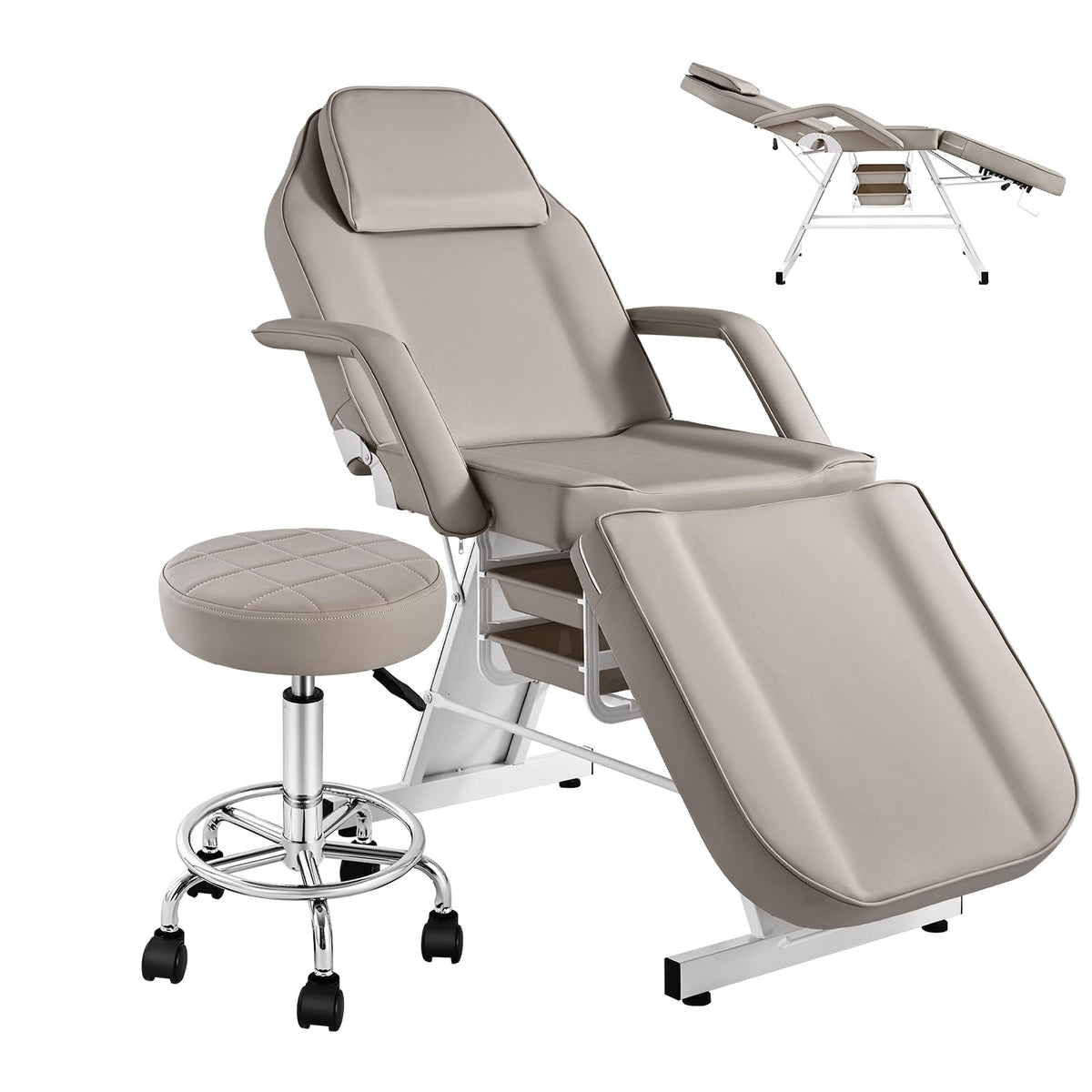 Hicomony Gray Tattoo Chair with Salon Stool, Esthetician Bed Tattoo Table with Storage Basket, Multi-Purpose Facial Lash Spa Chair,Tattoo Artist Massage Table Beauty Salon Spa Equipment