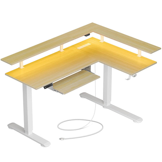Rolanstar L shaped desk with LED light and power outlet. 61.2 height adjustable electric desk.