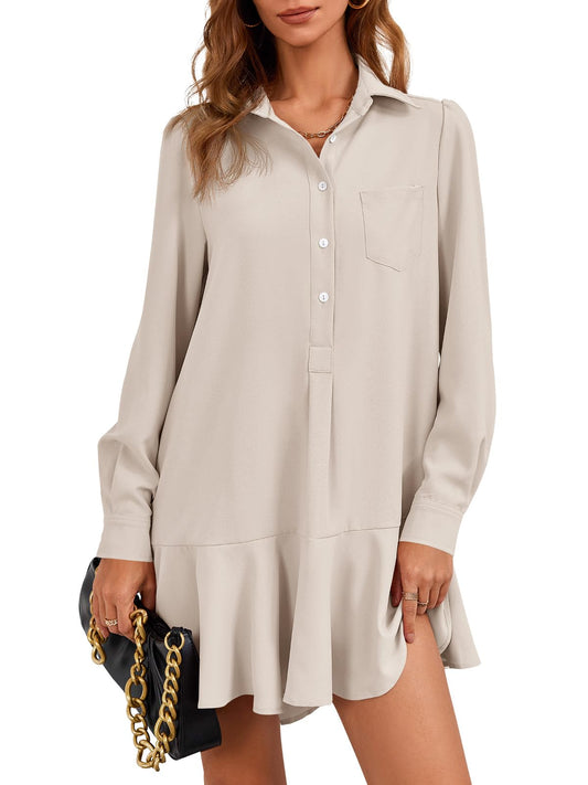 Fisoew dress — women's casual button down long sleeve pleated mini dress