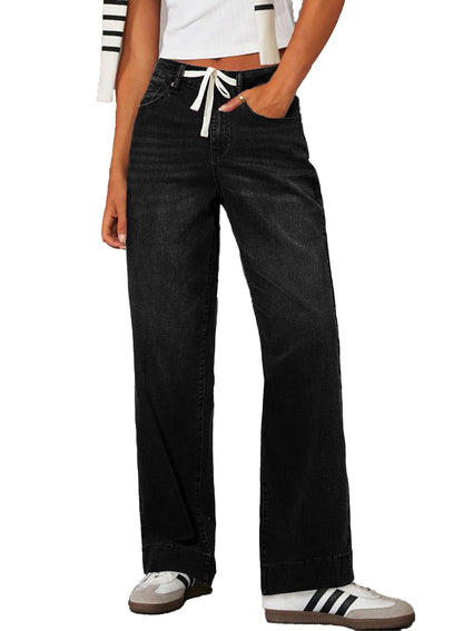 PANTS — High waisted wide leg denim with drawstring