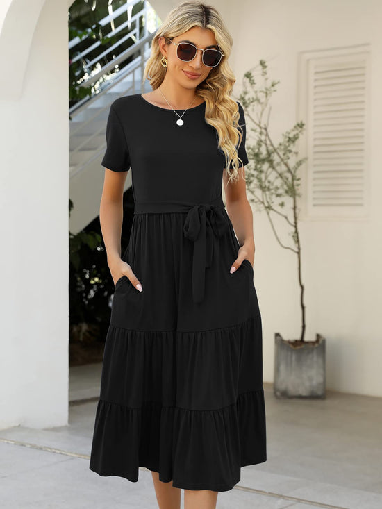 Lyrur dress — Casual summer tiered midi with pockets and belt