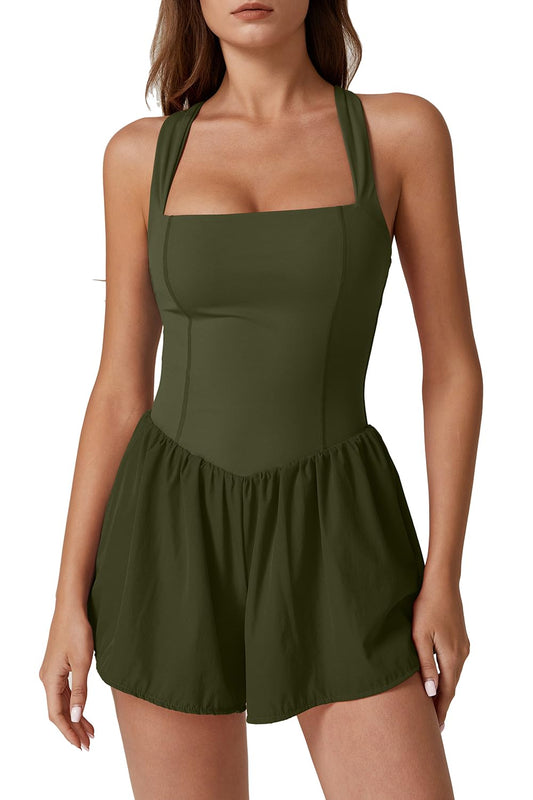 ONE_PIECE_OUTFIT — Square neck sleeveless romper with pocket by QINSEN