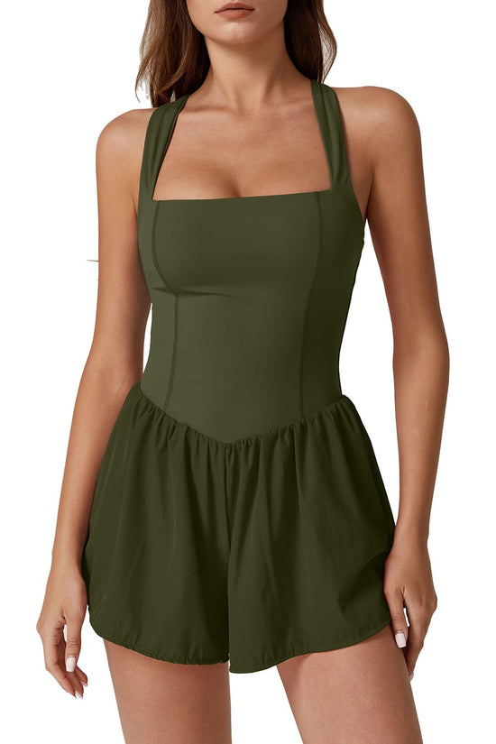 ONE_PIECE_OUTFIT — Square neck sleeveless romper with pocket by QINSEN