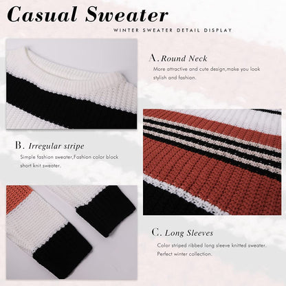KIRUNDO women's striped color block sweater - casual loose knit pullover top